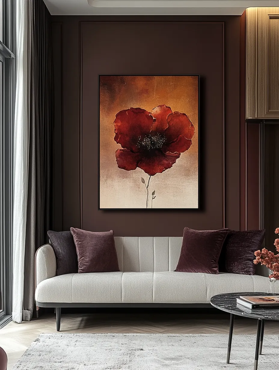 Dibujo de una amapola roja, enmarcado en un moderno interior de habitación