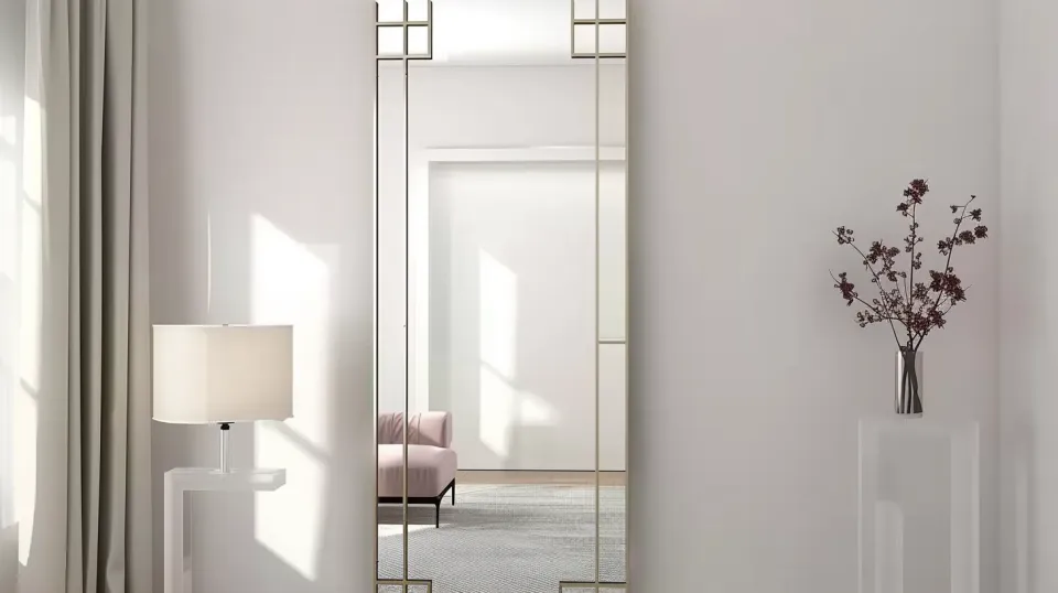 Interior de la habitación con espejo de pared, lámpara y composición floral