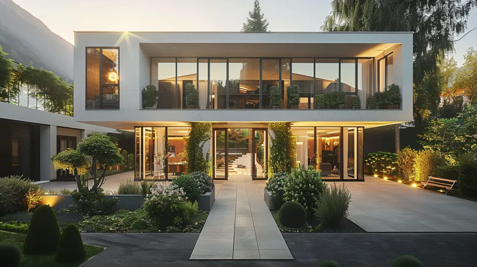 Elegant house with panoramic windows and well-kept garden at sunset