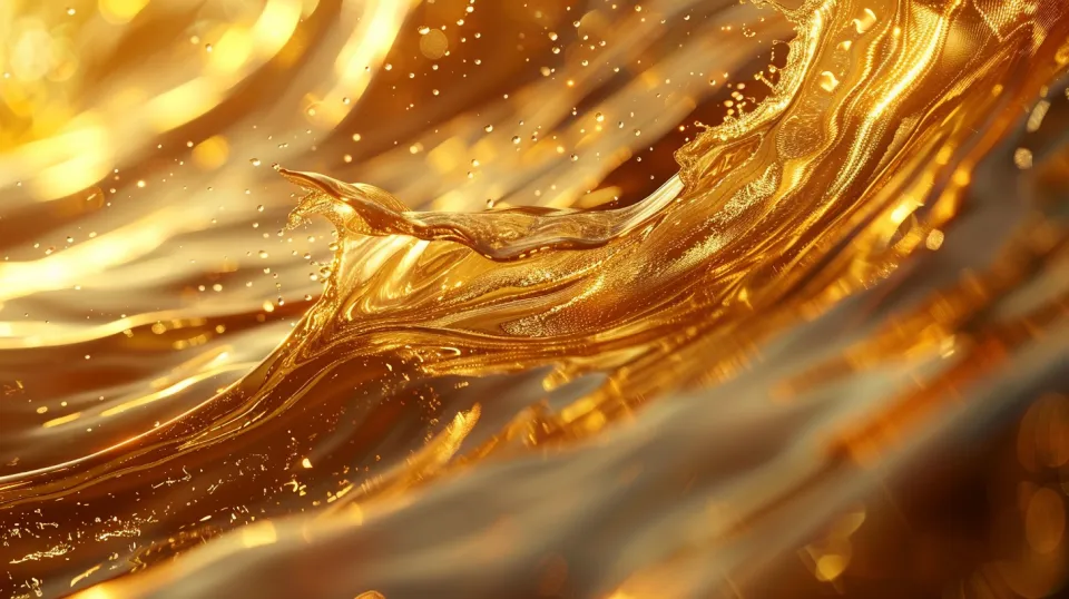 Metallic Tints of Golden Liquid in Motion Against Pale Backgrounds