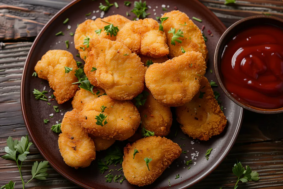 Chicken nuggets served with greens and sauce on a brown plate