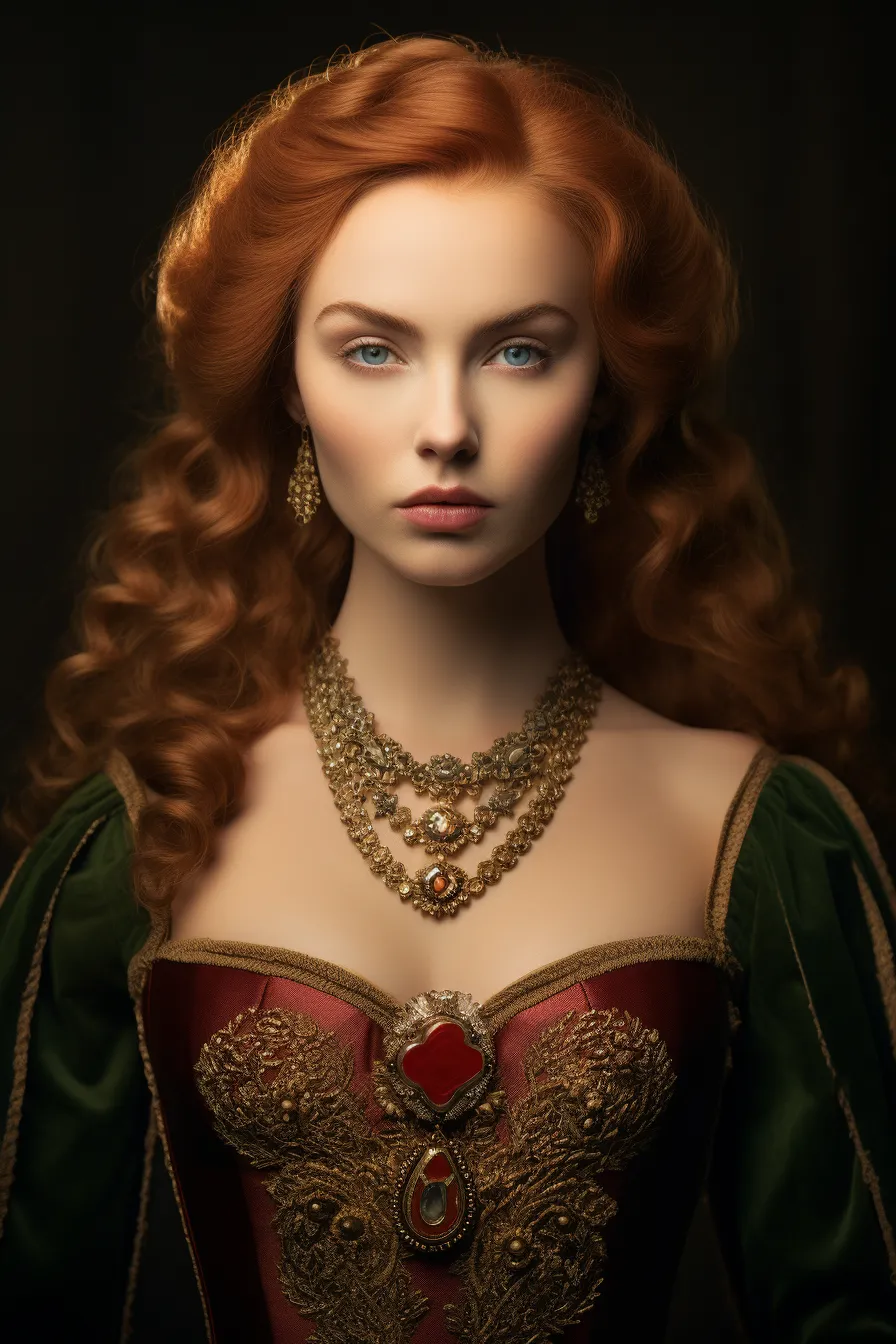Historical woman with long hair and luxurious jewelry on her neck and ears