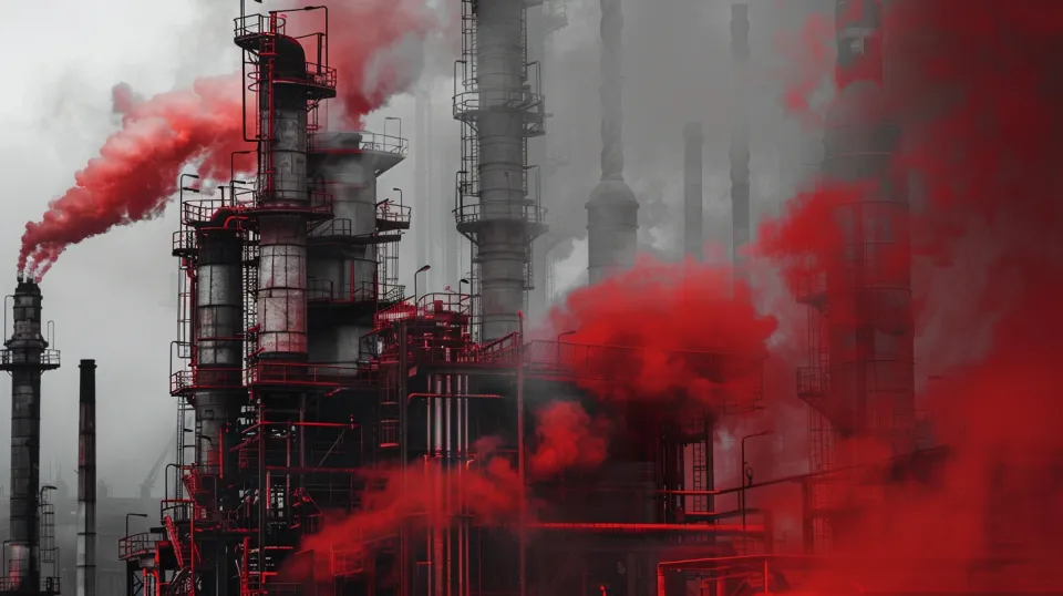 Typical view of an industrial area with smoke chimneys and red smoke