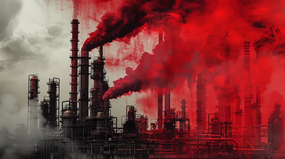 Factories with smoke and environmental pollution in shades of red