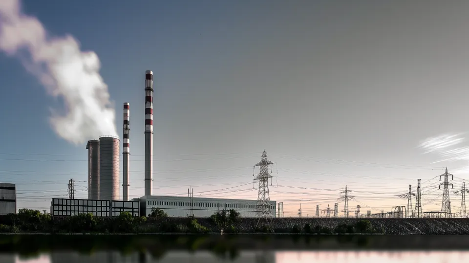 Visualization of a Power Plant with Smoke Stacks and Power Lines