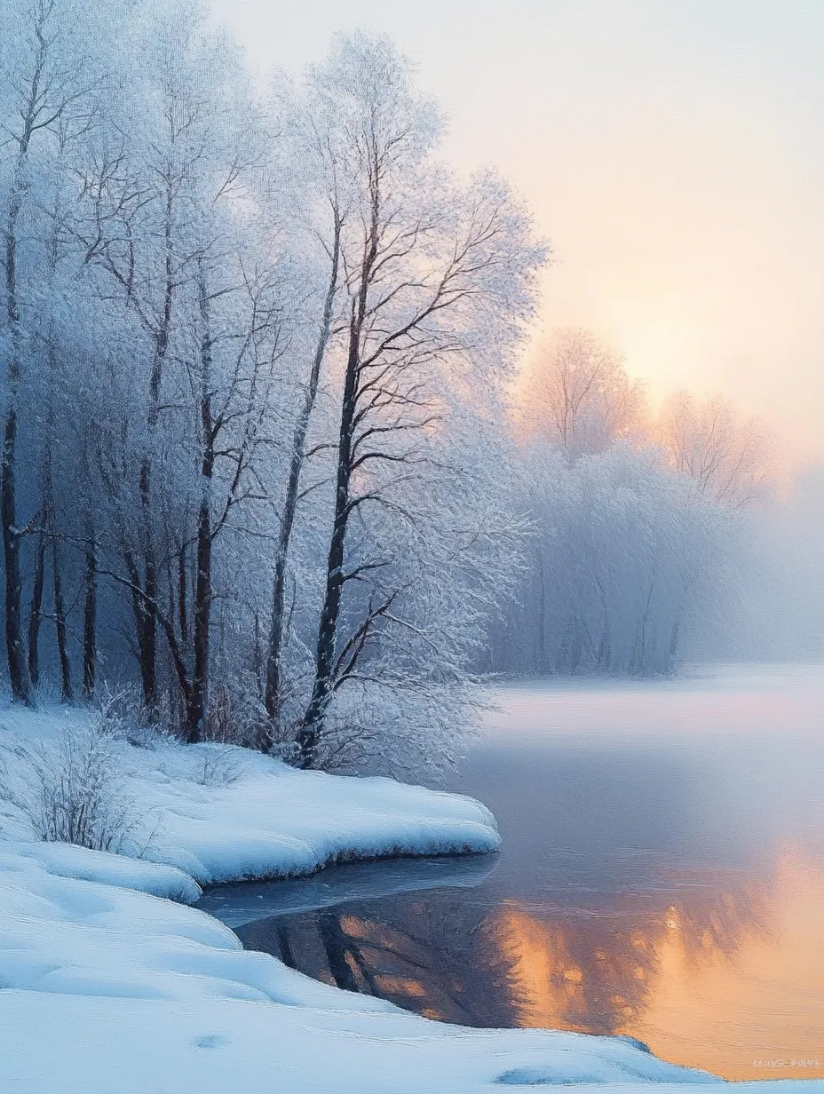 Árboles cubiertos de nieve y río frente a un atardecer invernal