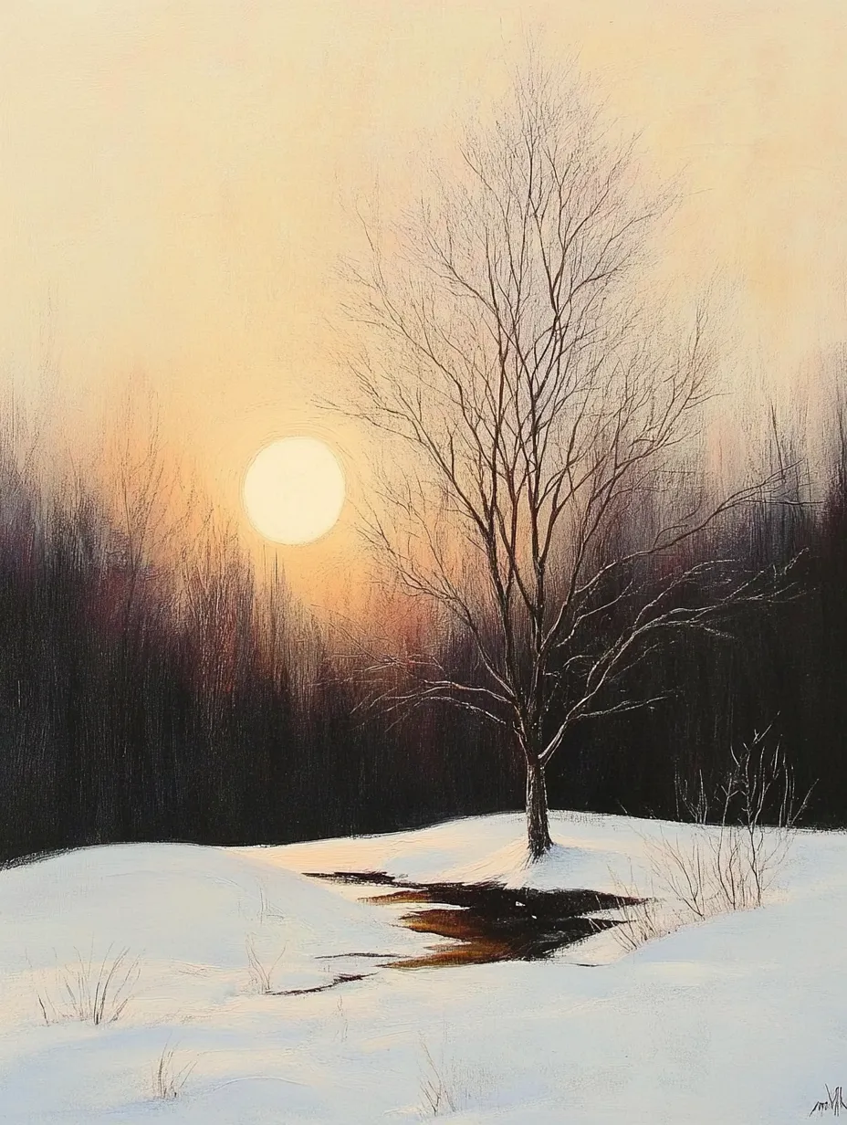 Paisaje invernal solitario con un sol brillante y un árbol de fondo