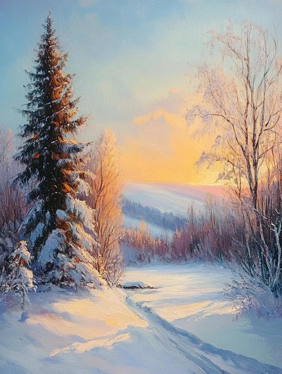 Snowy winter landscape with sunset hues and a pine tree