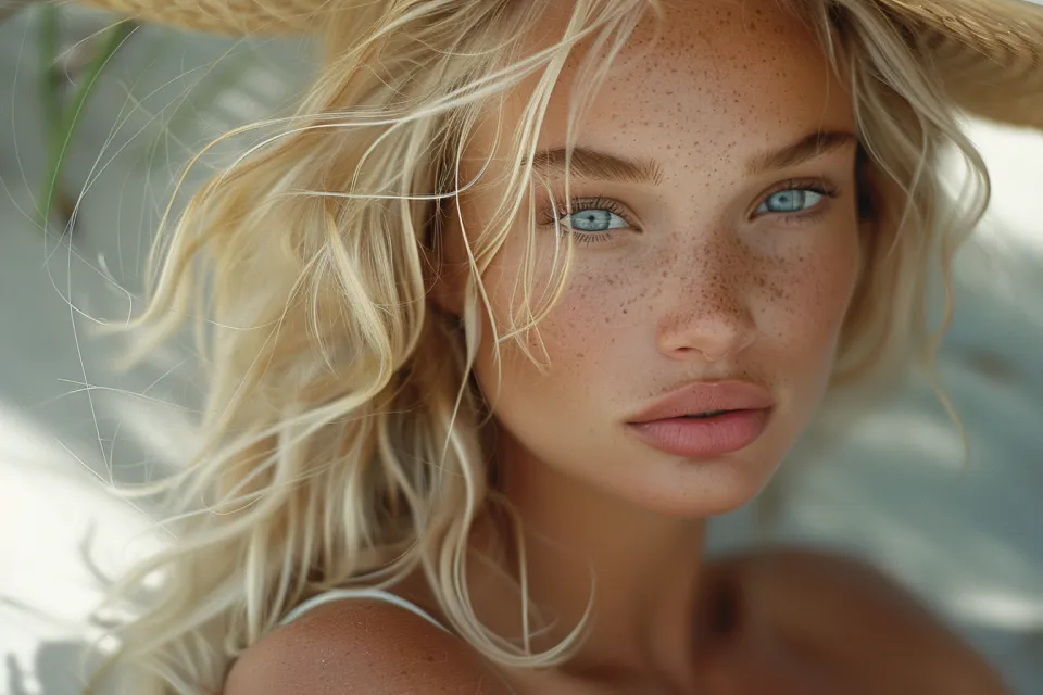 Retrato de una atractiva chica con largo cabello claro y brillantes ojos azules