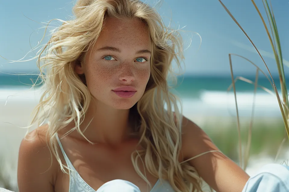 Chica de cabello rizado sentada en la playa con el mar detrás