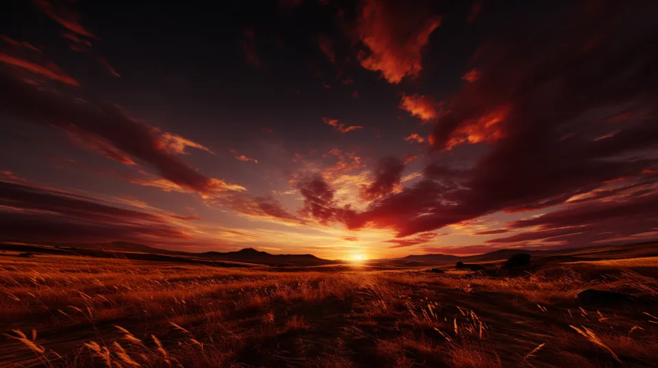 Magnificent sunset against the backdrop of hilly terrain and golden grass