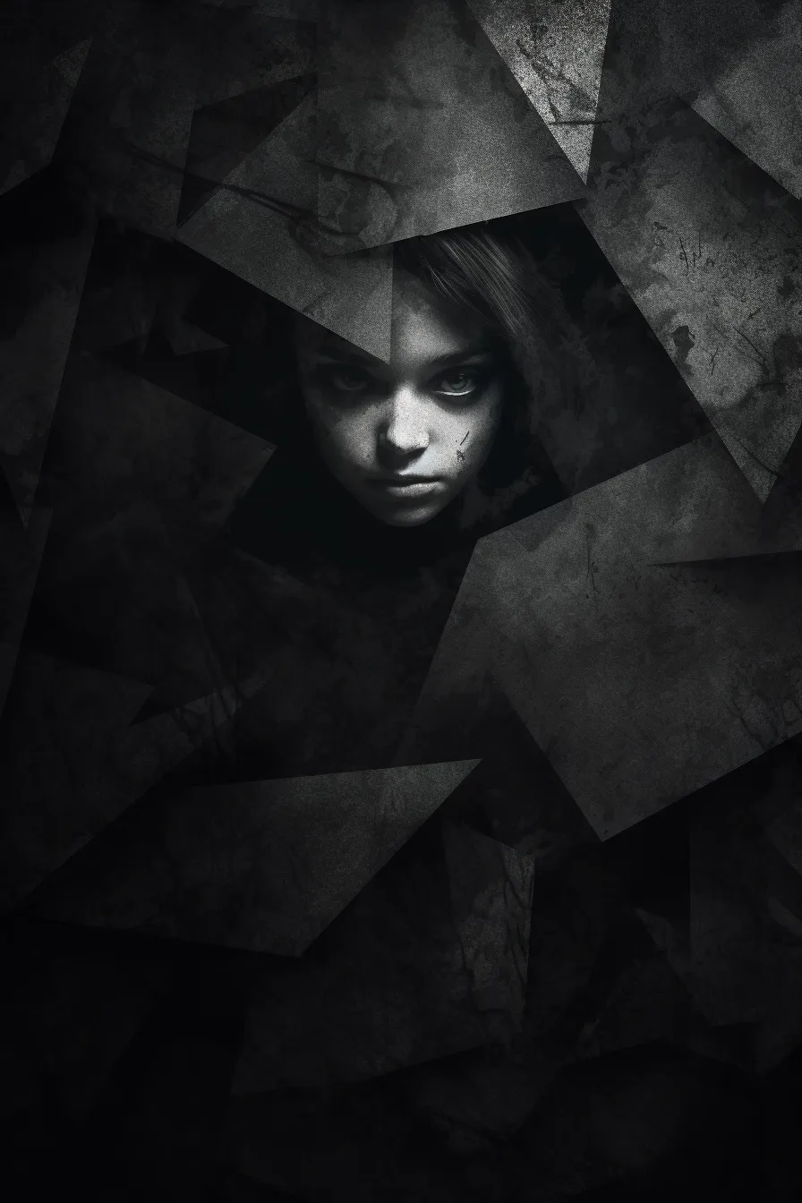 A girl's face hidden behind shards in a dark composition