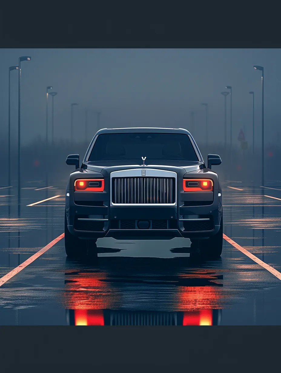 Modern black car on a wet road with street lights reflecting