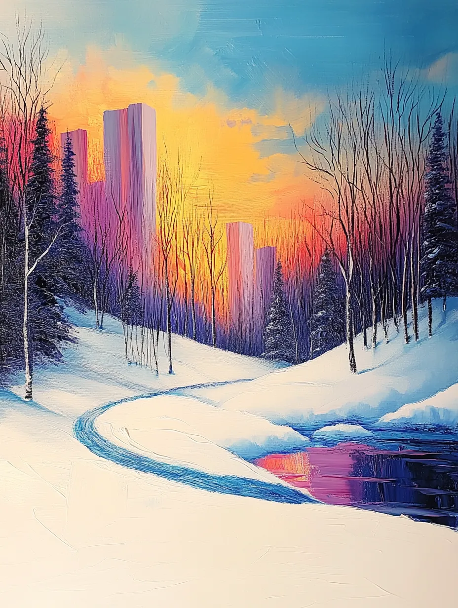 Hermoso paisaje invernal con cielo al atardecer y río cubierto de nieve