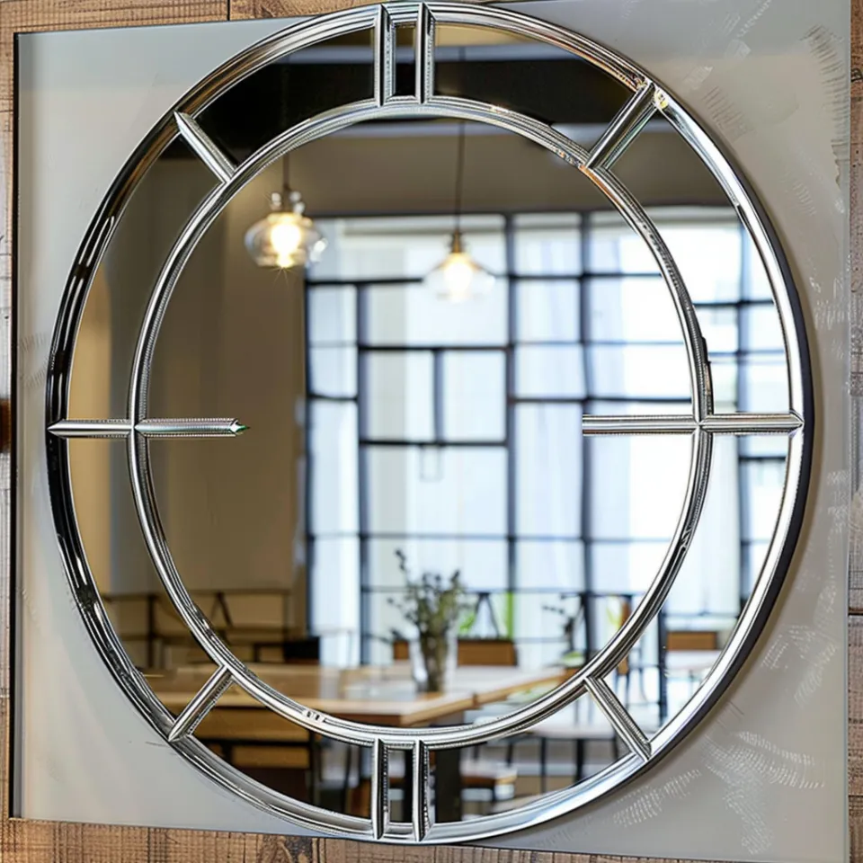 Close-up of a decorative mirror with an unusual round metal frame