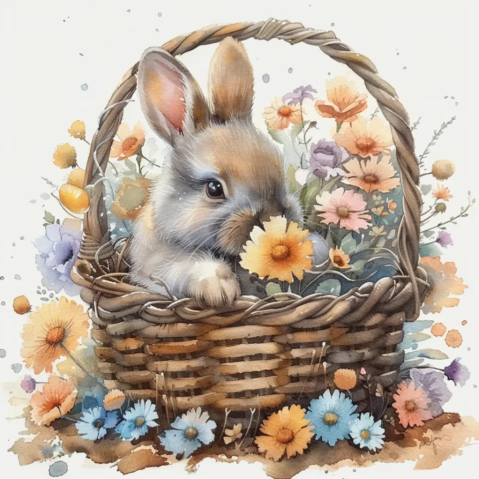 Pequeño conejo rodeado de flores en una cesta de mimbre