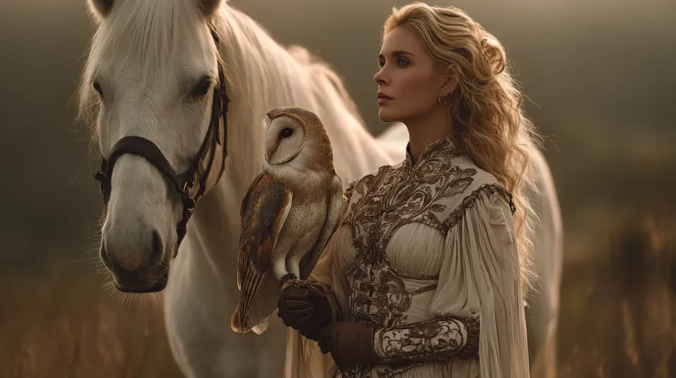 Woman with long hair, white horse, and owl against a sunset backdrop