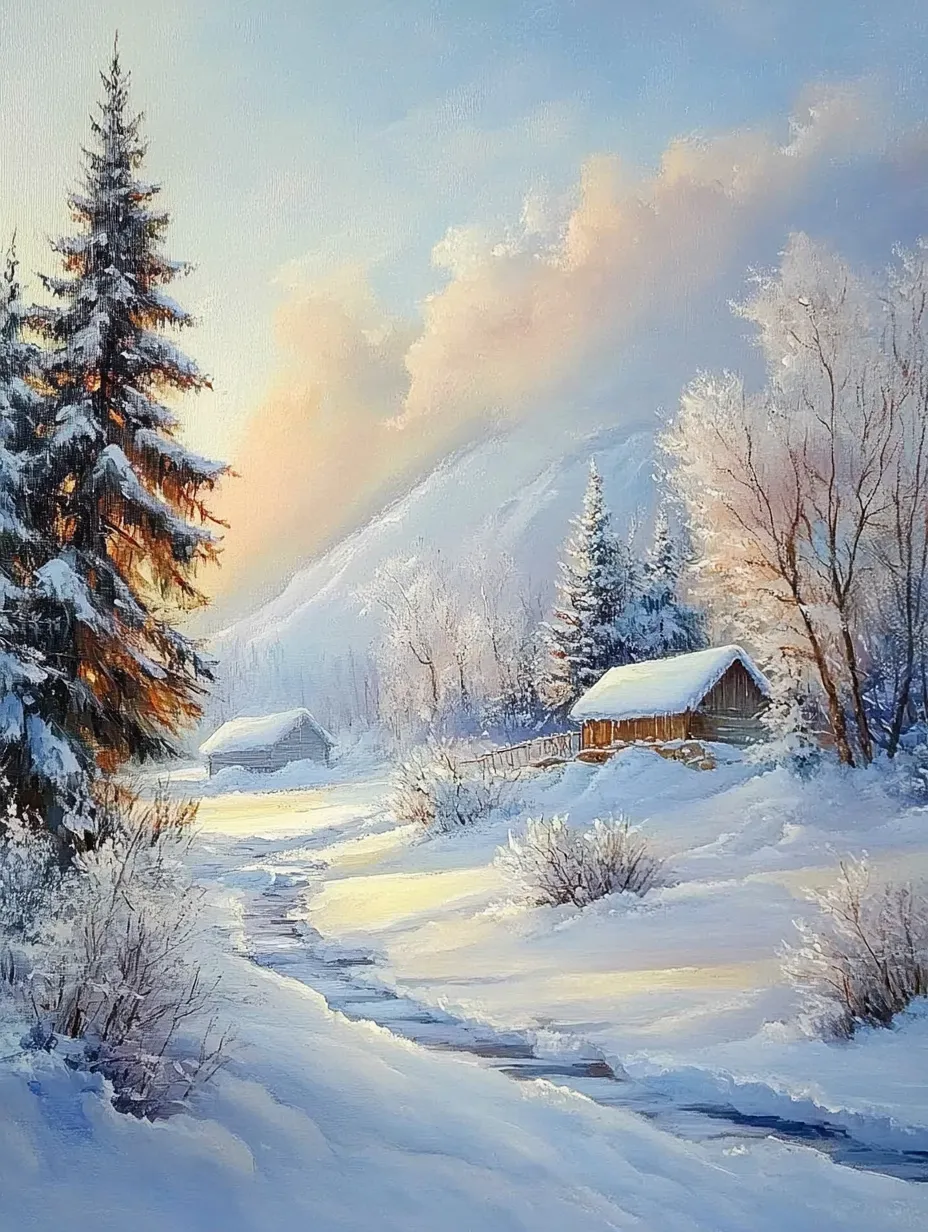 Paisaje nevado con dos casitas y un río de fondo sobre montañas