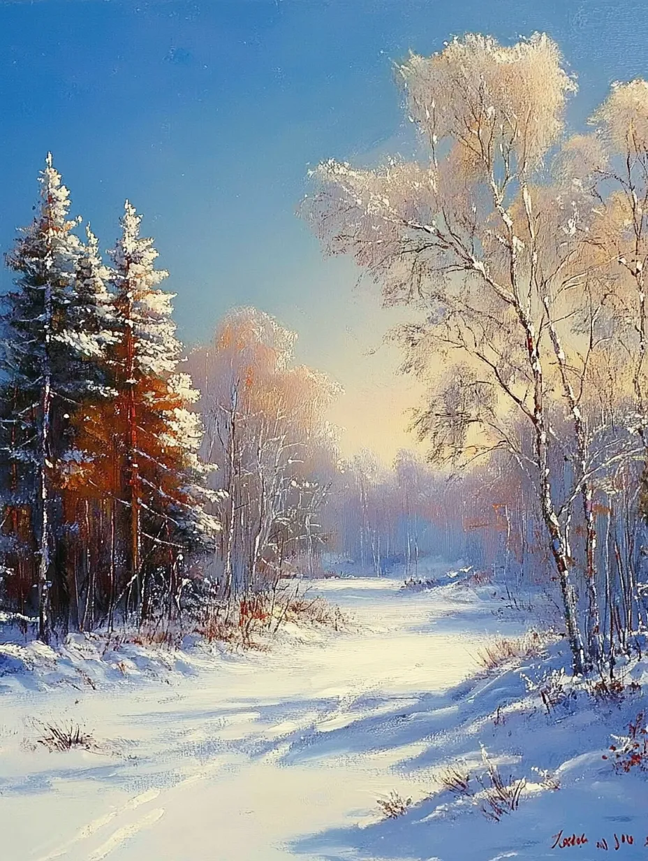 Calm winter scene with trees and snowy landscape