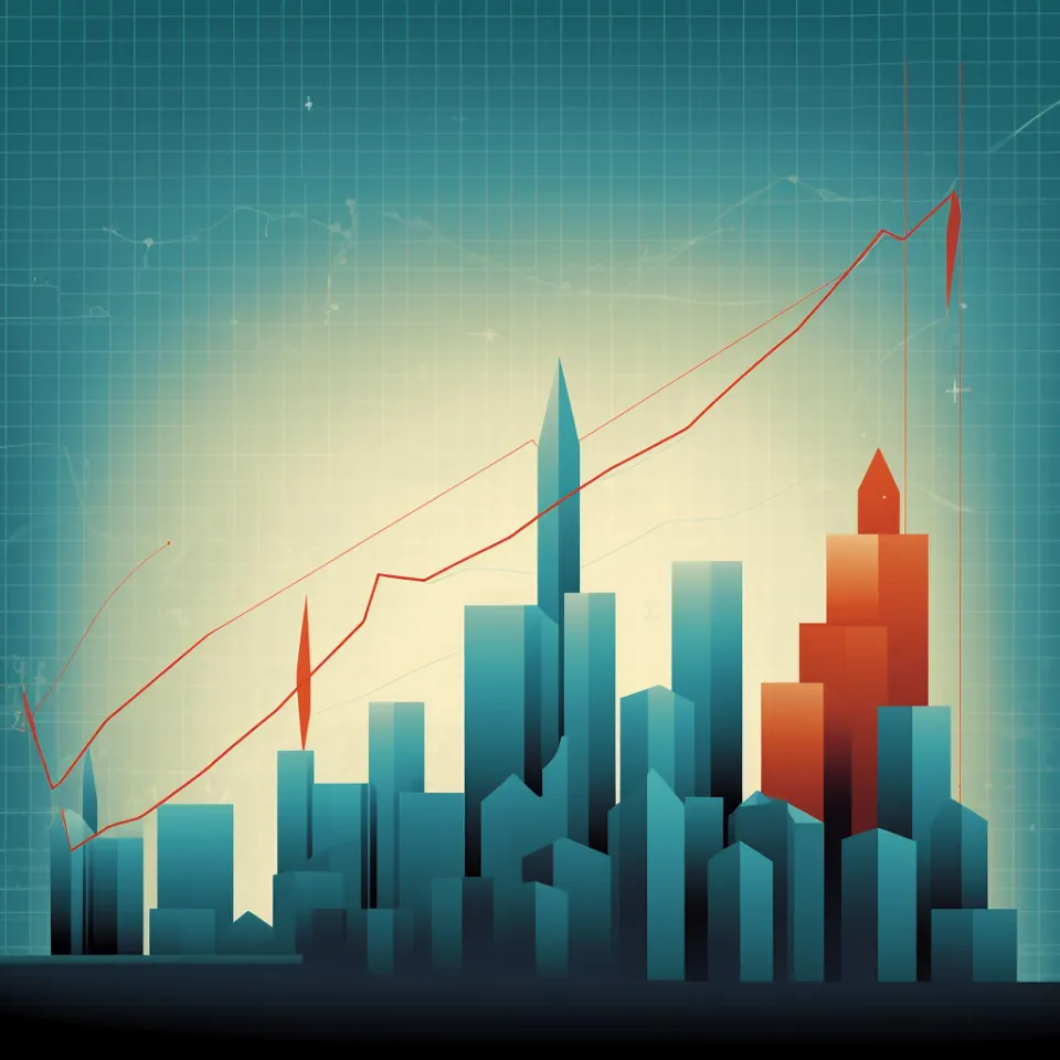 Stylized urban landscape with a red growth chart