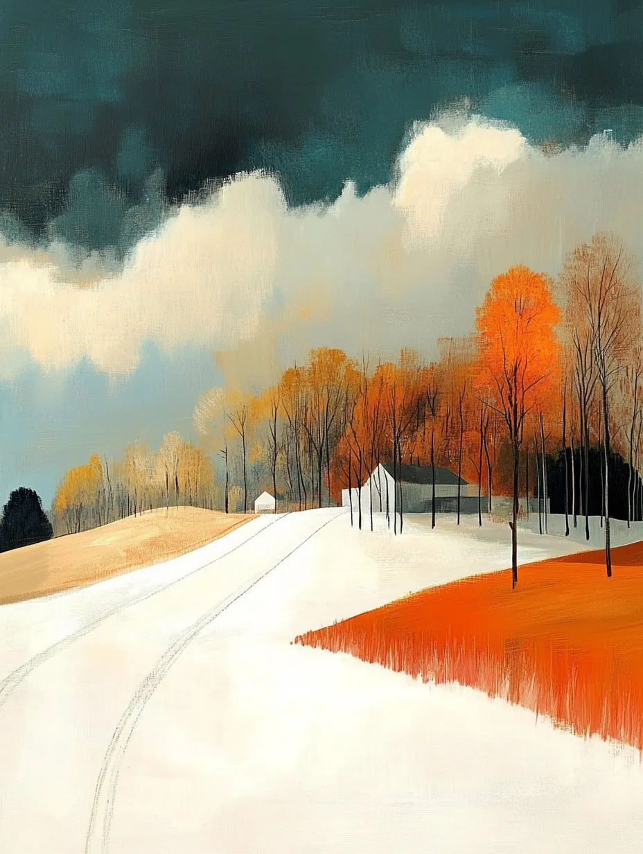 Winter landscape with a snow-covered road and orange trees
