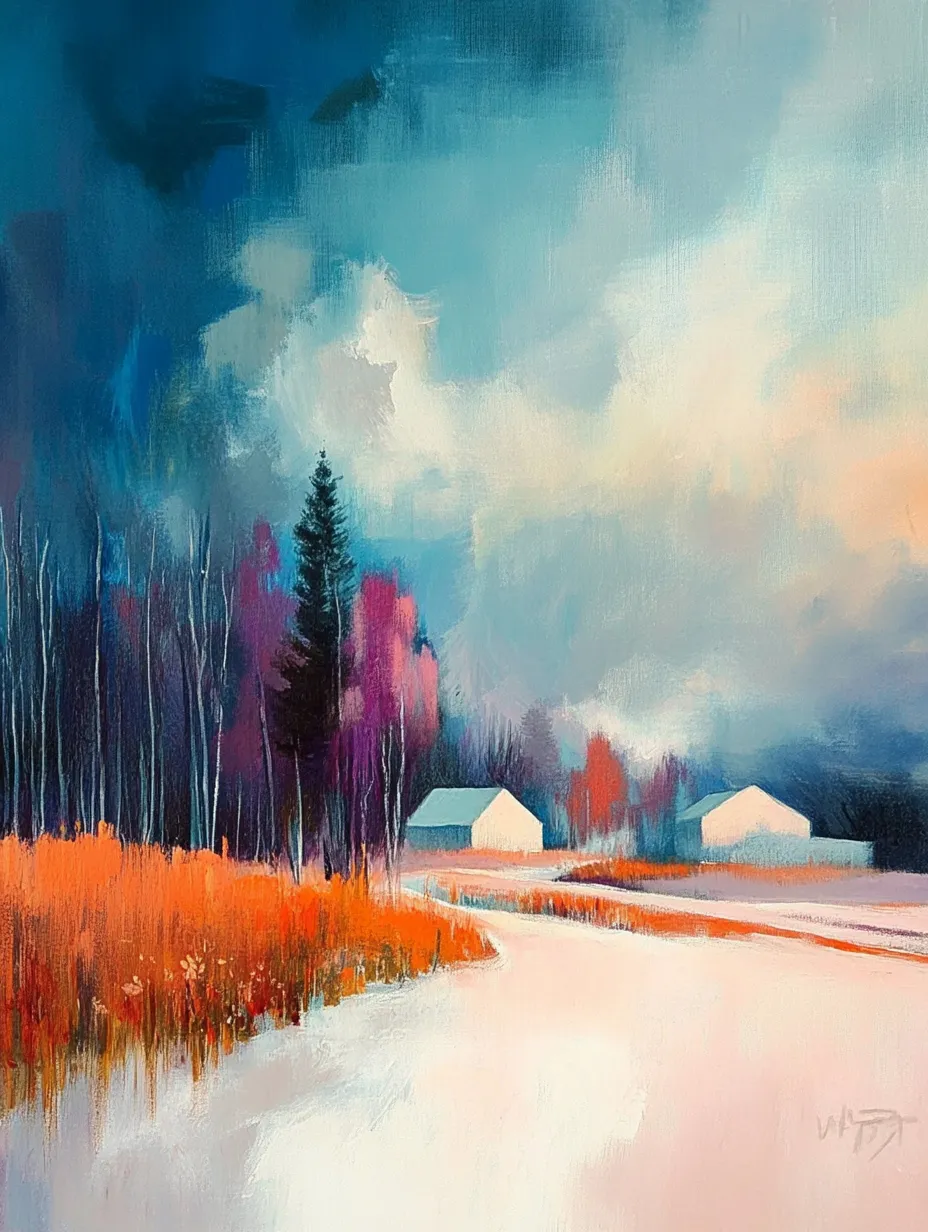 Idyllic winter landscape with vibrant trees and clouds