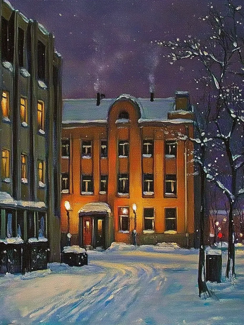 Vista de una calle nevada con casas iluminadas en una noche de invierno