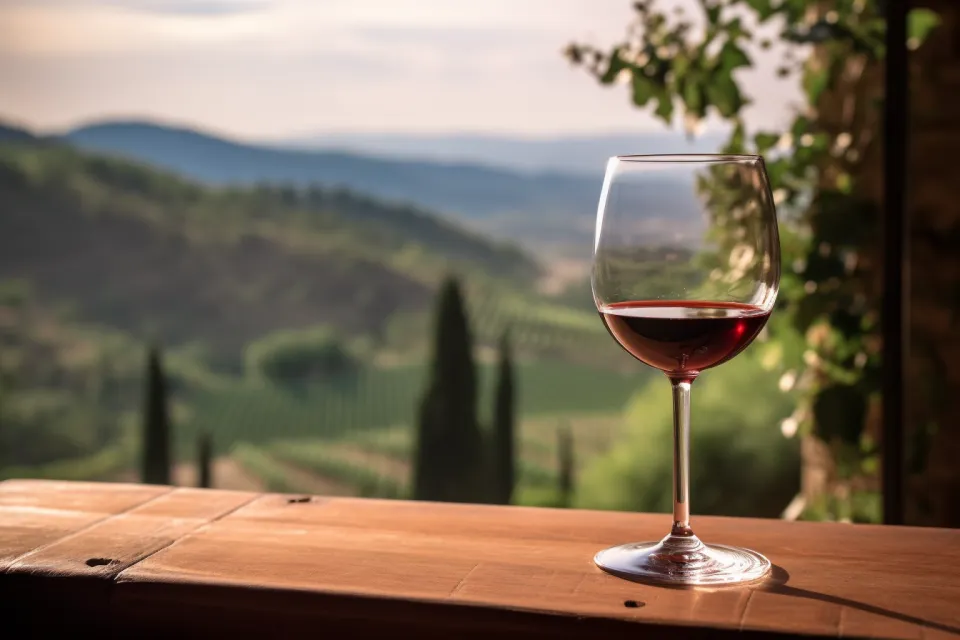 Copa de cristal con vino tinto y paisaje pintoresco