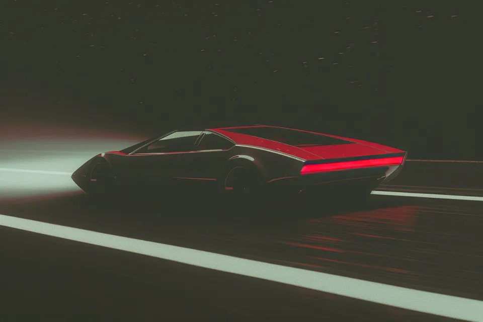Coche deportivo estético con luz trasera roja que avanza por un camino oscuro