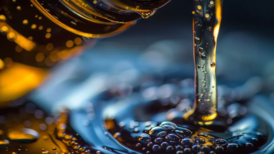 Stream of dark liquid with bubbles, photographed close-up