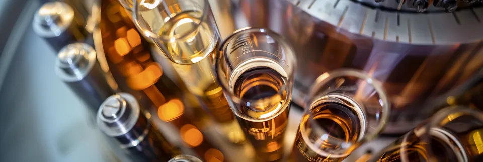 Close-up of test tubes with clear liquids in a laboratory