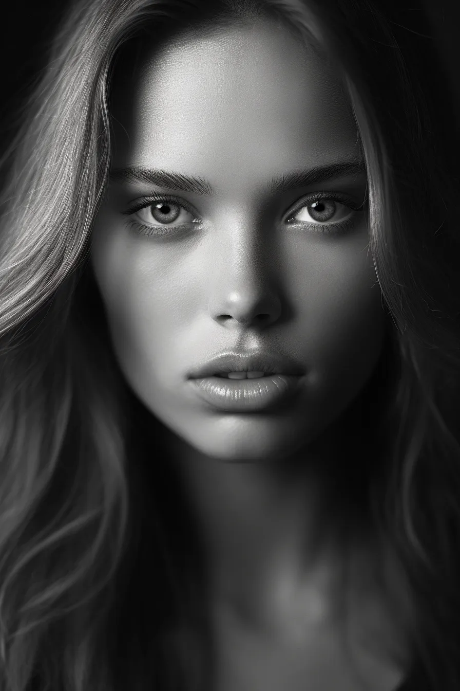 Portrait of a young girl with long hair in black and white