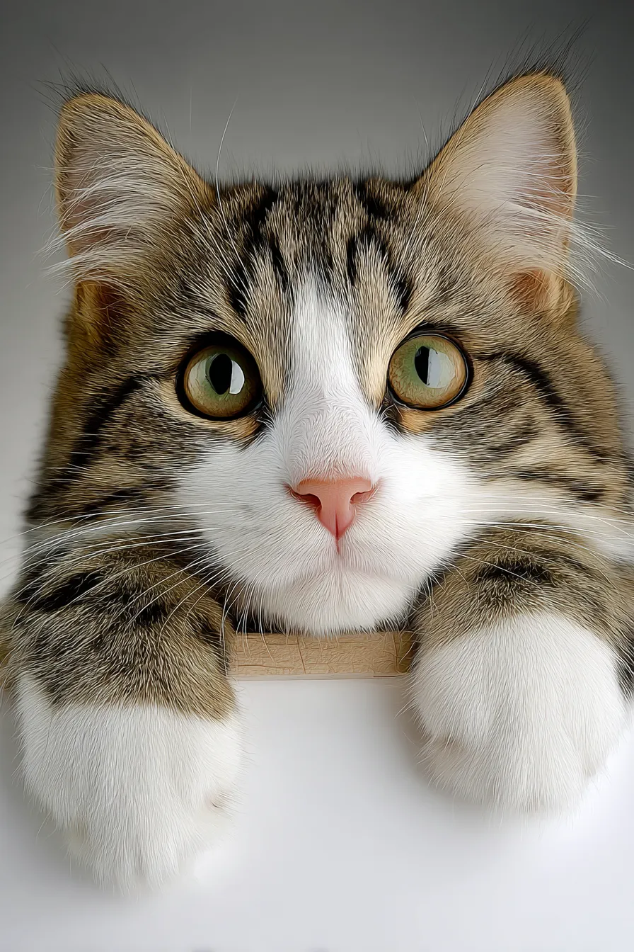 Cat with striped fur and large green eyes against a background