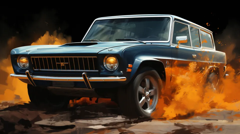 Off-road car kicking up dust and fire while driving