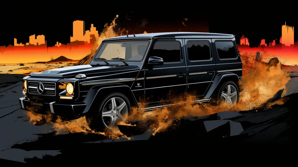 Modern Mercedes SUV driving on a sandy road with effects