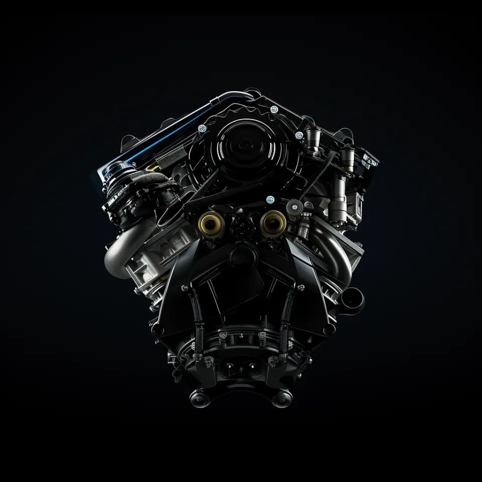 Image of a modern automotive engine close-up on a black background