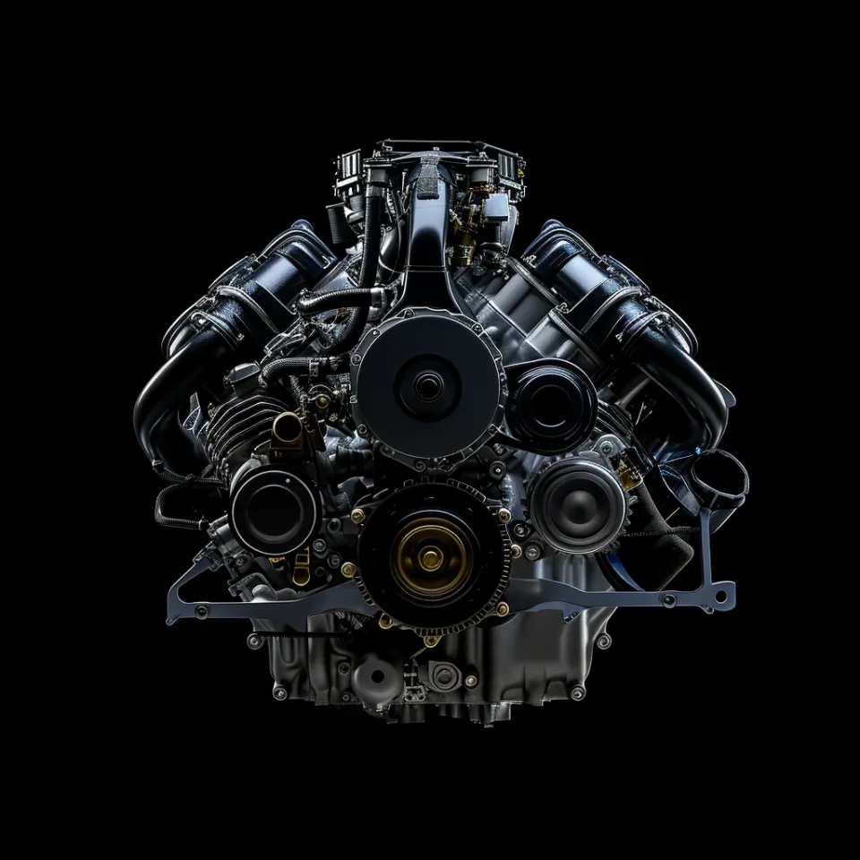 Imagen detallada de un motor moderno sobre fondo negro