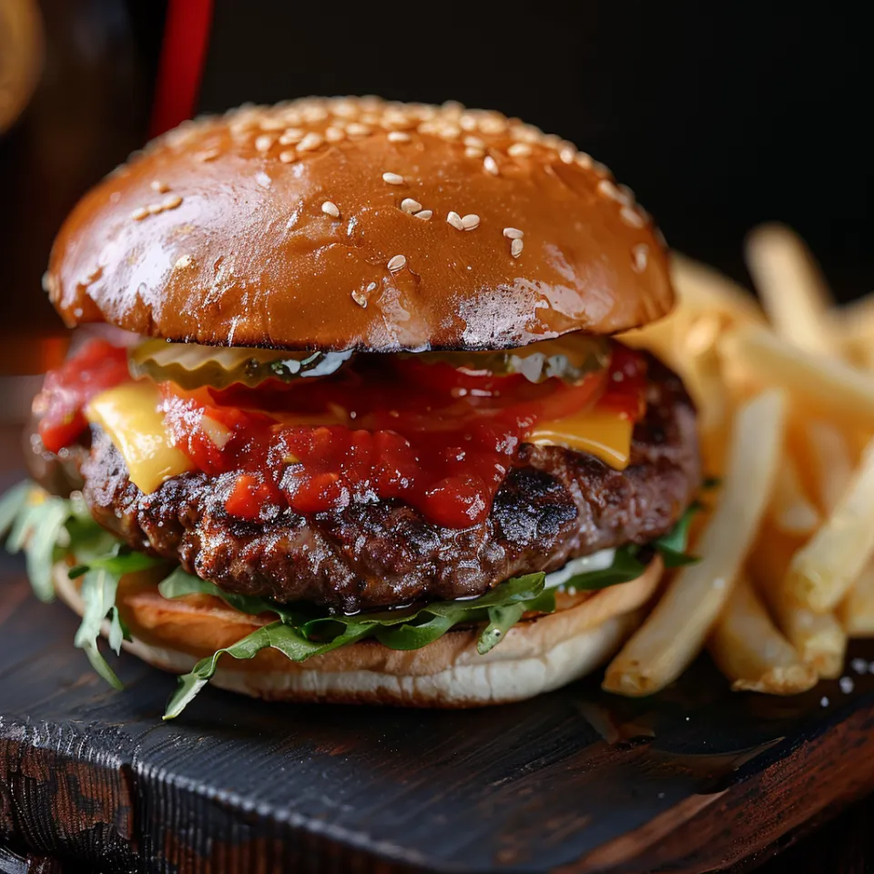 Hamburguesa jugosa con carne, queso y papas fritas en la mesa
