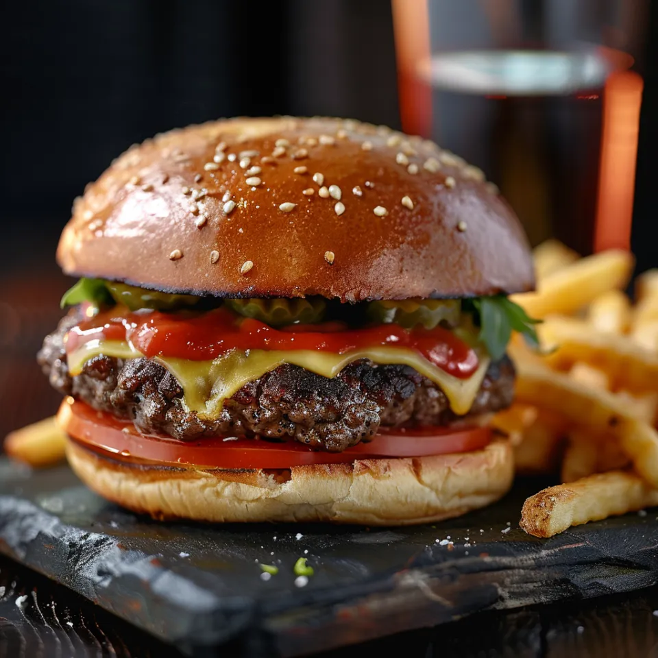Jugosa hamburguesa con carne, queso, verduras y papas fritas