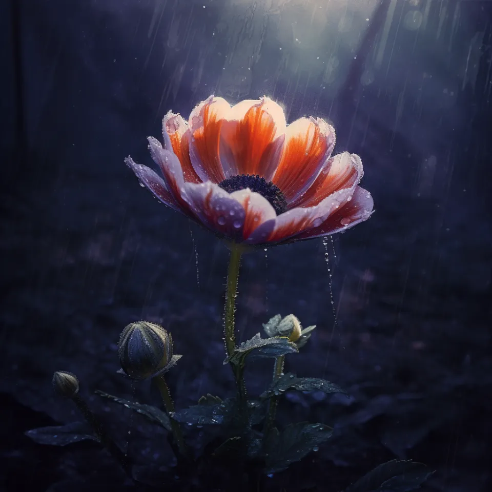Flower with raindrops on its petals against a dark landscape