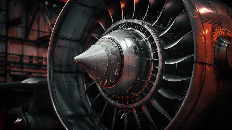 Close-up of an aircraft engine with visible blades and a turbine