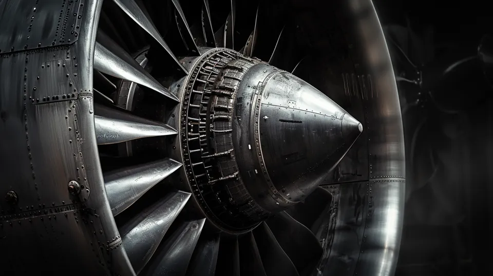Image of an aircraft turbine engine with visible blades and channels