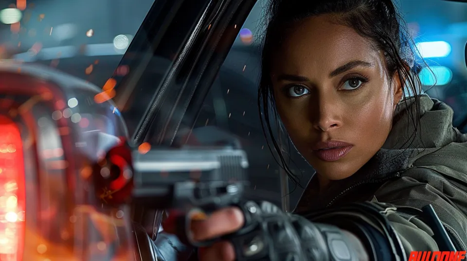 Close-up of a woman holding a weapon in a car, with neon lights in the background