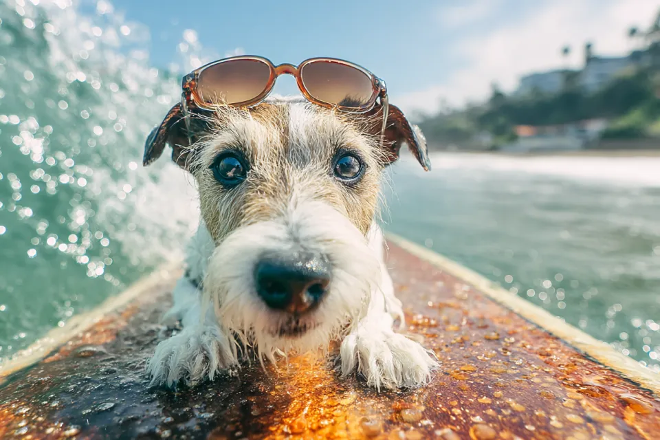 Perro alegre con gafas de sol sobre una tabla de surf