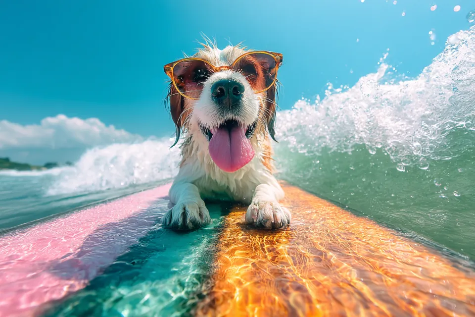 Perro con gafas de sol descansando sobre una tabla de surf en el océano