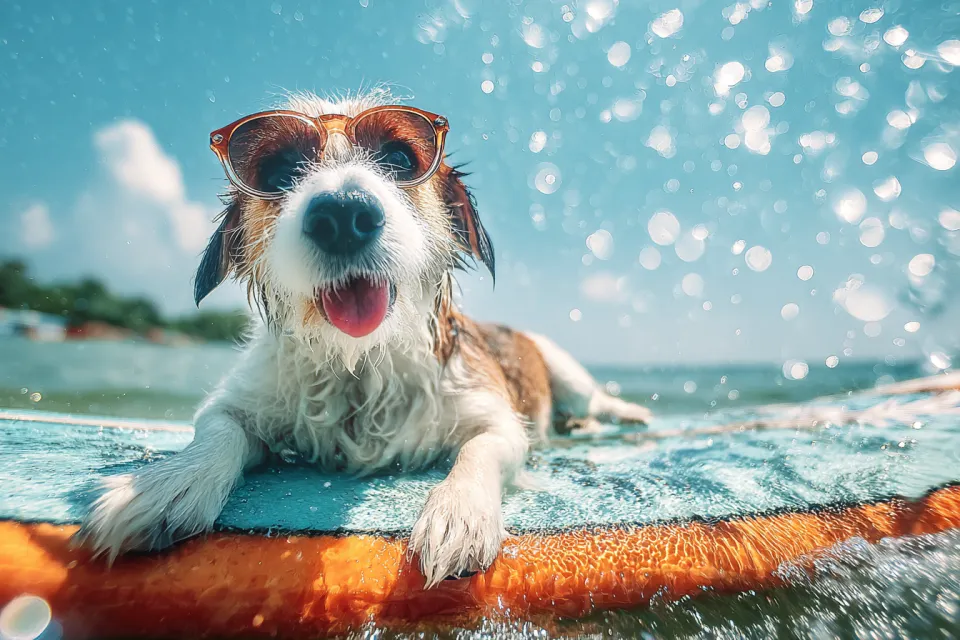 Dog in sunglasses on a board surrounded by water