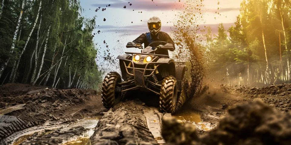 Quad bike driving on a muddy road in the forest
