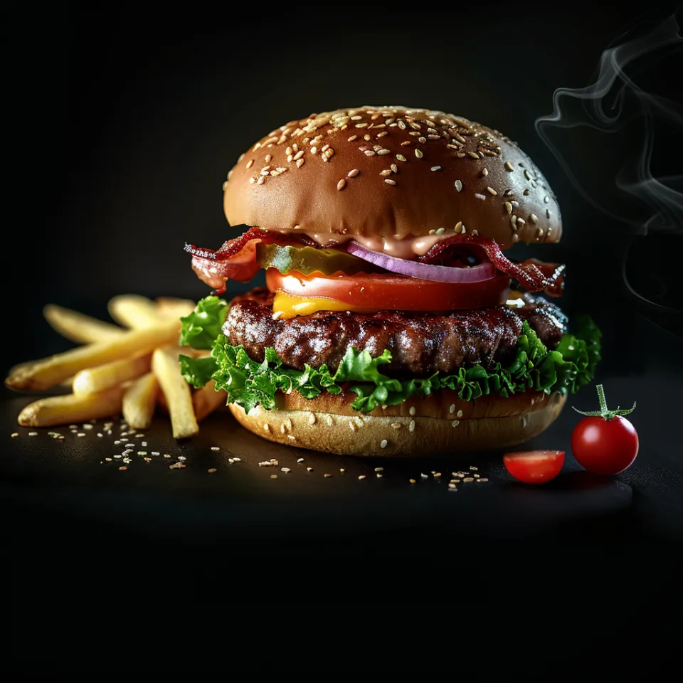 Rica hamburguesa con carne, verduras y papas fritas sobre fondo oscuro