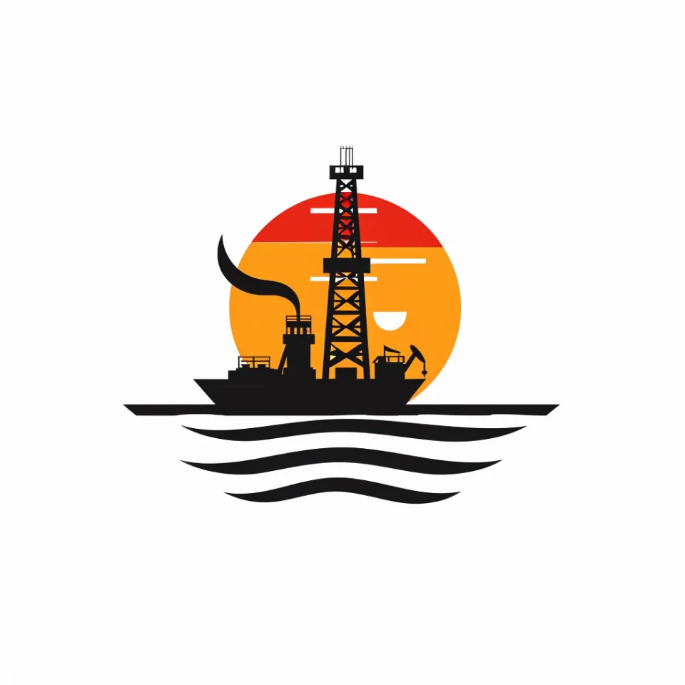 Silhouette de una plataforma petrolera y un barco contra el atardecer con olas