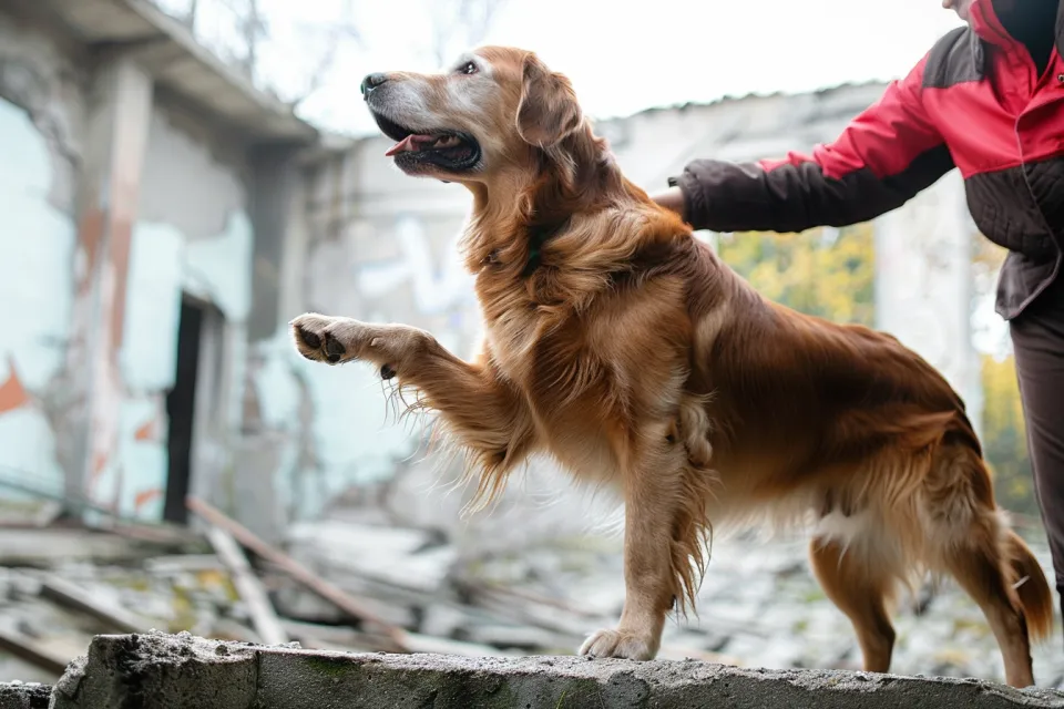 Golden retriever on a crumbling surface in a dilapidated room